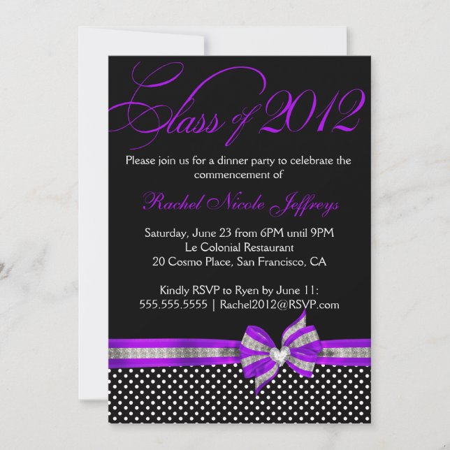 Black White Purple Polka Dot Graduation Invitation (Front)