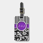 Black, White, Purple Striped Damask Luggage Tag