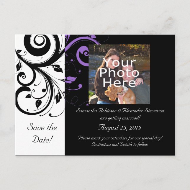 Black White Purple Swirl Accent Save the Date Card (Front)