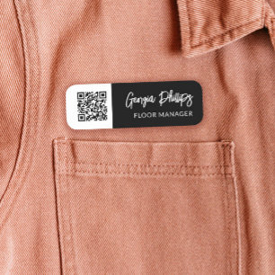 Black & White QR Code Brush Script Name Tag