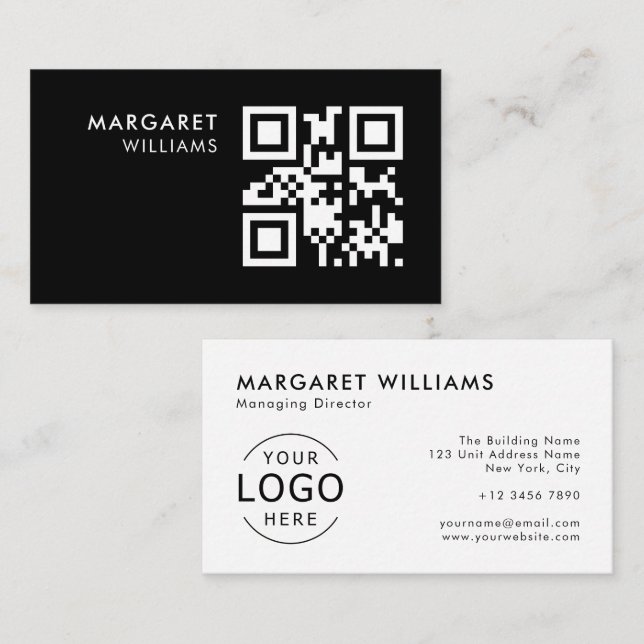 Black & White QR Code Logo Minimalist Professional Business Card (Front/Back)