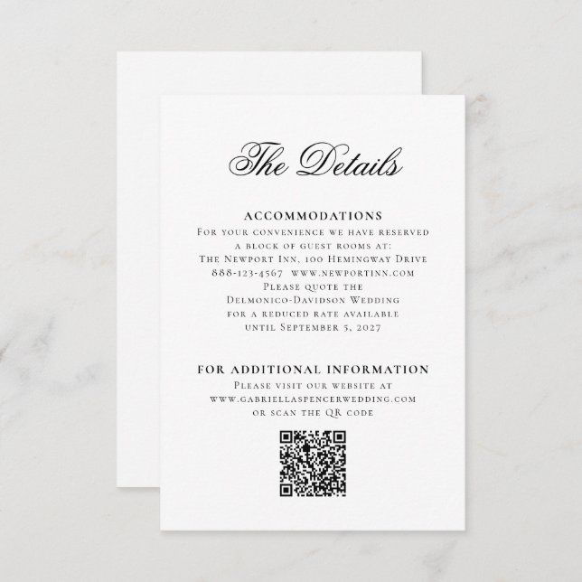 Black White QR Code Monogram Crest Wedding Details Enclosure Card (Front/Back)