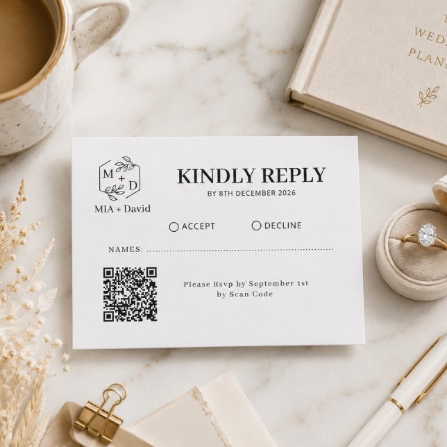 Black White Qr Code monogram Wedding Replay RSVP Card (Black White Qr Code monogram Wedding Replay RSVP Card)