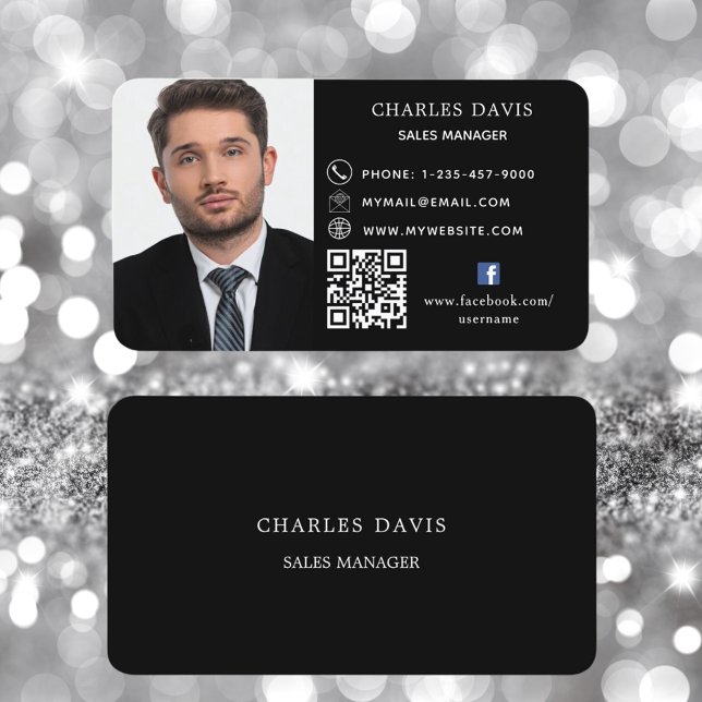 Black white QR code photo facebook icon Business Card (Creator Uploaded)