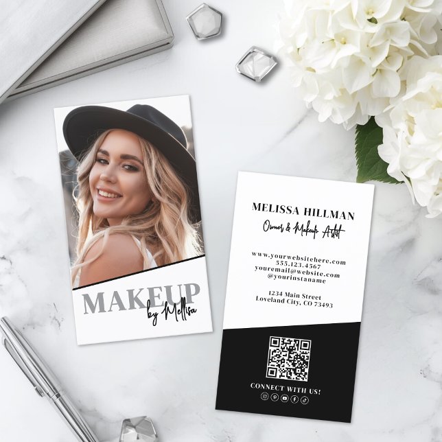 Black White QR Code Photo Makeup Vertical Business Card (Black White QR Code Photo Makeup Vertical Business Card )