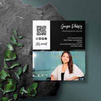 Black White QR Code Photo Social Media Icons Business Card