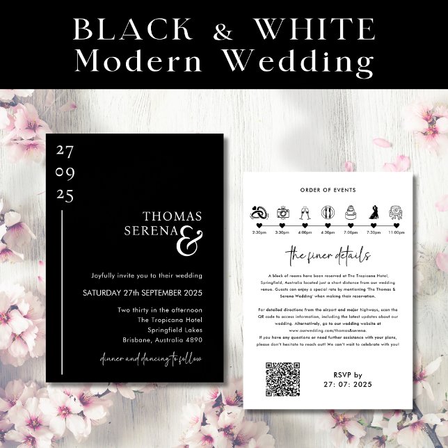 Black & White QR Code Timeline Itinerary Wedding Invitation (Creator Uploaded)