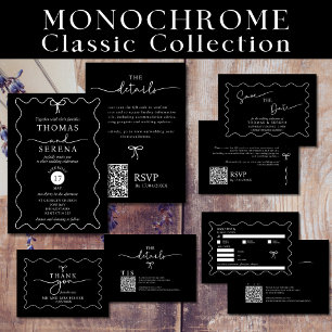 Black White QR Code Wave Curve Monochrome Wedding Invitation