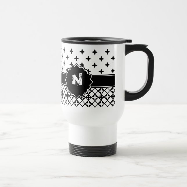 Black White Quatrefoil Monogrammed Travel Mug (Right)