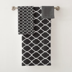 Black White Quatrefoil Pattern Bath Towel Set