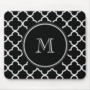 Black White Quatrefoil Pattern, Your Monogram Mouse Mat
