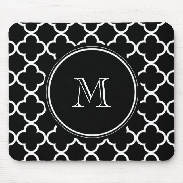 Black White Quatrefoil Pattern, Your Monogram Mouse Mat (Front)