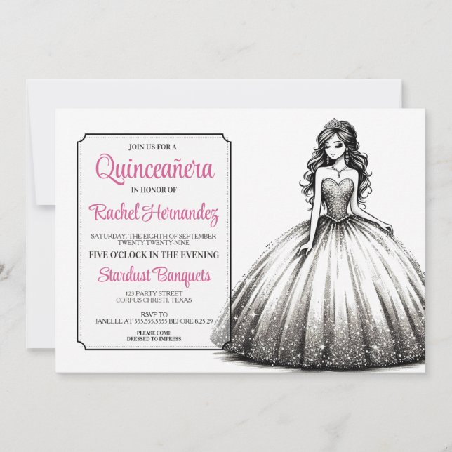 Black & White Quinceañera Girl Invitation (Front)
