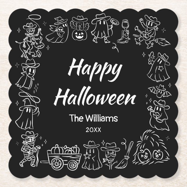Black & White Quirky Hand Drawn Doodles Halloween Paper Coaster (Front)