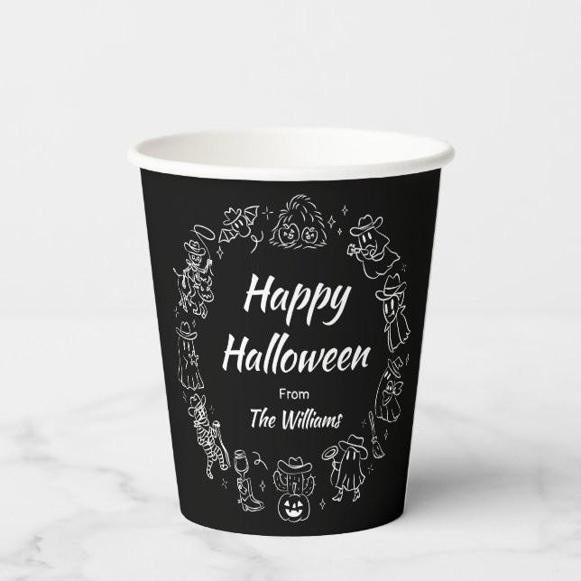 Black & White Quirky Hand Drawn Doodles Halloween Paper Cups (Back)