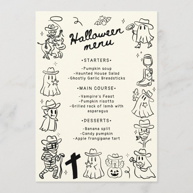 Black & White Quirky Hand Drawn Halloween  Menu (Front)
