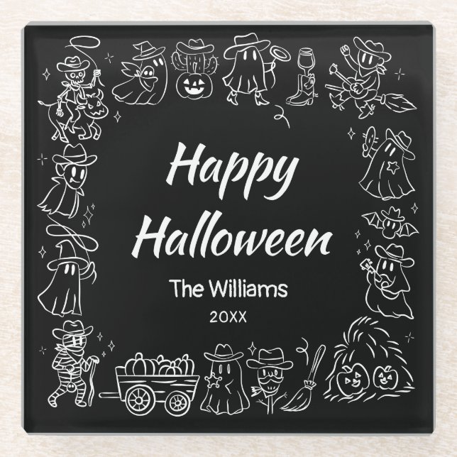 Black & White Quirky Hand Drawn Happy Halloween Glass Coaster (Front)