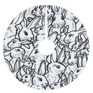 Black White Rabbit Bunny Drawing Modern Pattern Brushed Polyester Tree Skirt
