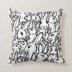 Black & White Rabbit Drawings Cute Bunny Pattern Cushion