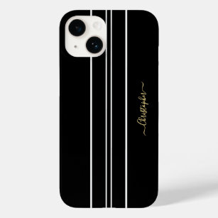 Black White Racing Stripes Chic Gold Monogrammed Case-Mate iPhone 14 Case