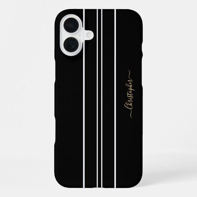 Black White Racing Stripes Chic Gold Monogrammed iPhone Case (Back)