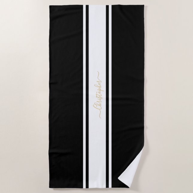 Black White Racing Stripes Gold Monogrammed Pool Beach Towel (Front)