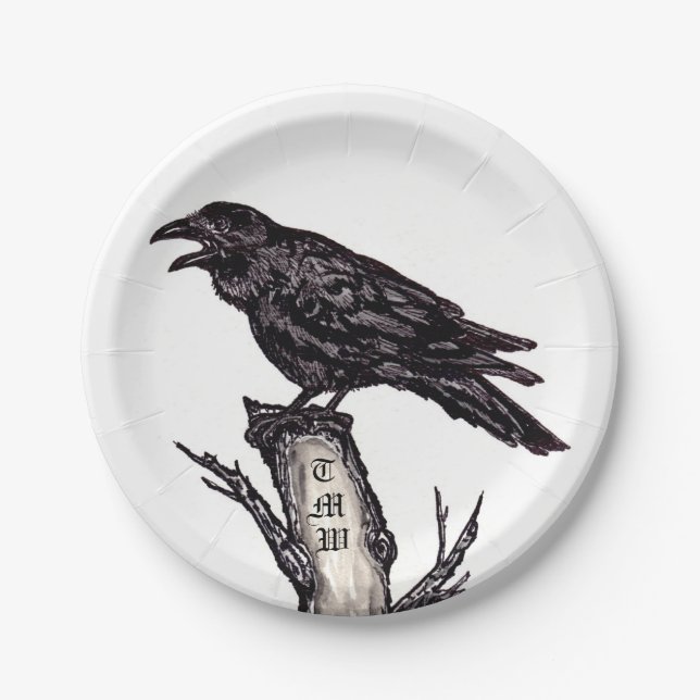Black & White Raven Crow Gothic Bird Monogram Paper Plate (Front)