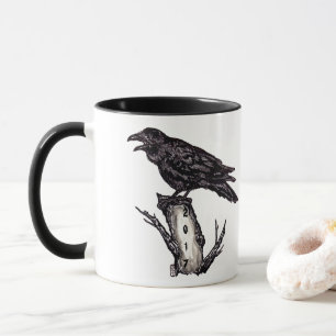 Black & White Raven Mug Halloween Personalise Date