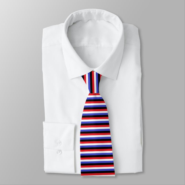 Black, White, Red and Blue Stripes Tie (Tied)
