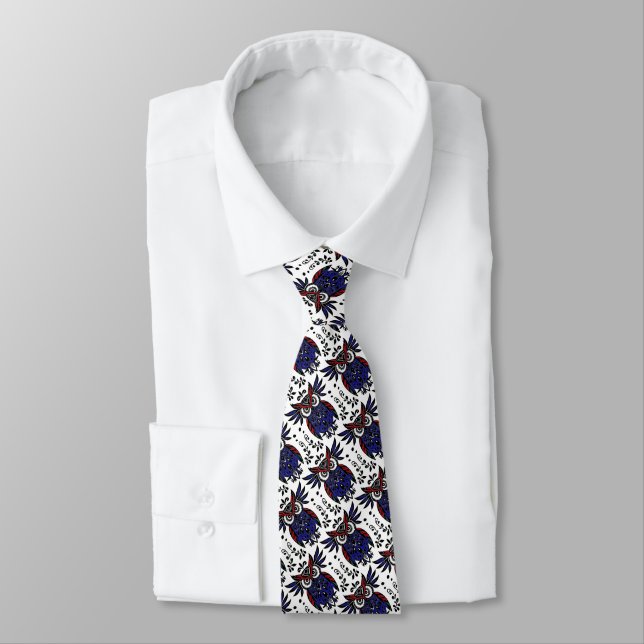 Black White Red Blue Owl Bird Nature Wildlife Art Tie (Tied)