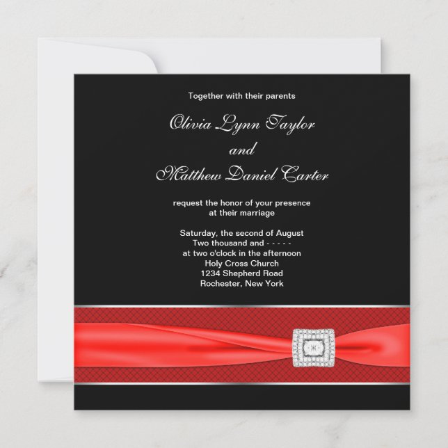 Black White Red Bow Black Wedding Invitation (Front)
