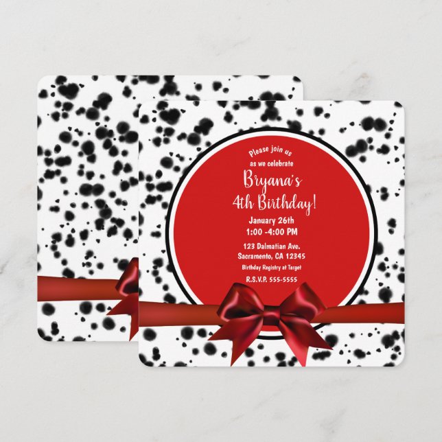 Black White Red Bow Dalmatian Spots Birthday Party Invitation (Front/Back)