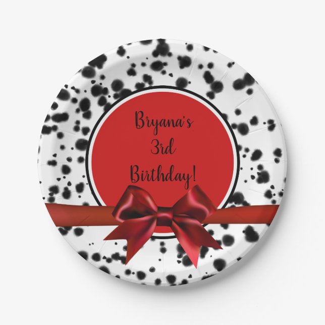 Black White Red Bow Dalmatian Spots Birthday Party Paper Plate (Front)