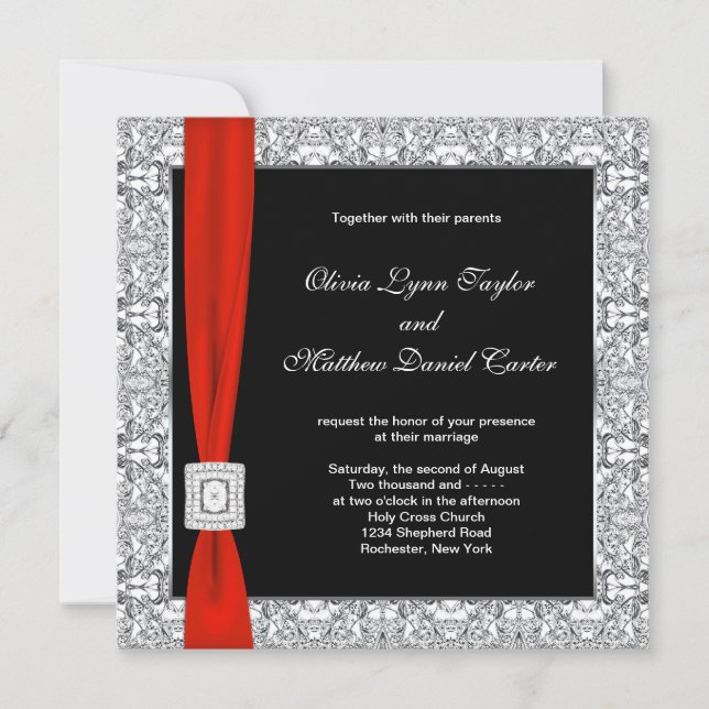 Black White Red Bow Wedding Invitation (Front)