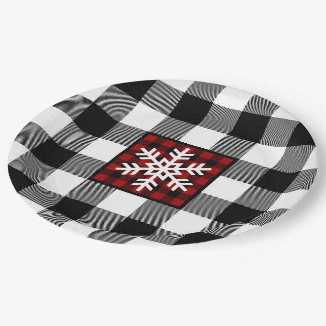 Black, White, Red Buffalo Plaid, Snowflake Paper Plate (Angled)