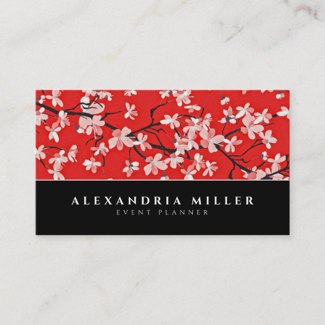Black White & Red Cherry Blossom Floral Business Card (Front)