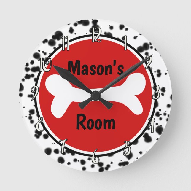 Black White Red Dalmatian Spots Round Clock (Front)