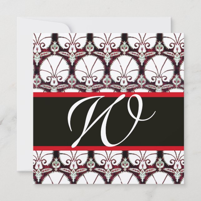 BLACK WHITE RED DAMASK CARNATIONS MONOGRAM Gold Invitation (Front)