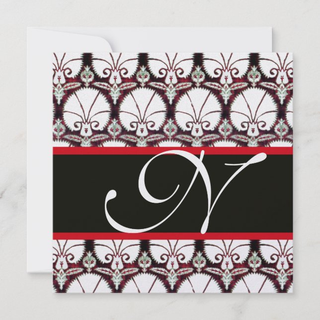 BLACK WHITE RED DAMASK CARNATIONS MONOGRAM Ice Invitation (Front)