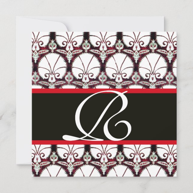 BLACK WHITE RED DAMASK CARNATIONS MONOGRAM INVITATION (Front)