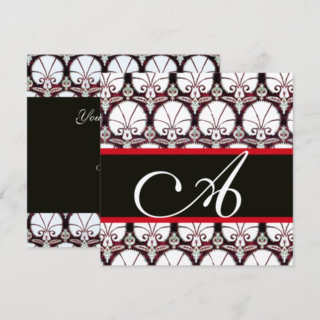 BLACK WHITE RED DAMASK CARNATIONS MONOGRAM Silver Invitation (Front/Back)