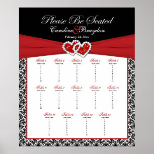 Black White Red Damask Hearts Table Seating Poster