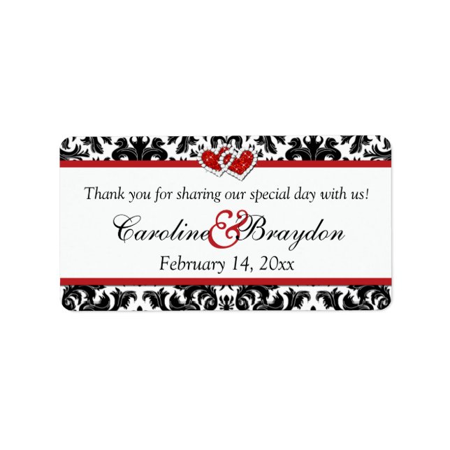 Black White Red Damask, Hearts Wedding Favour Labe Label (Front)
