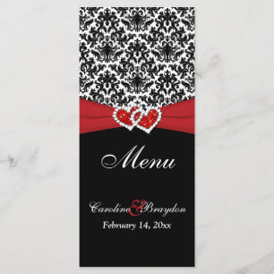 Black White Red Damask, Hearts Wedding Menu