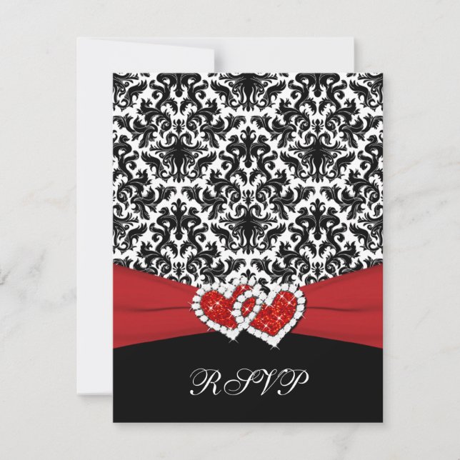 Black White Red Damask, Joined Hearts RSVP Card (Front)