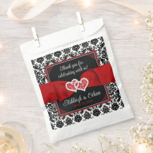 Black, White, Red Damask Love Hearts Wedding Favour Bags