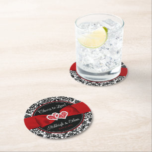 Black, White, Red Damask Love Hearts Wedding Round Paper Coaster