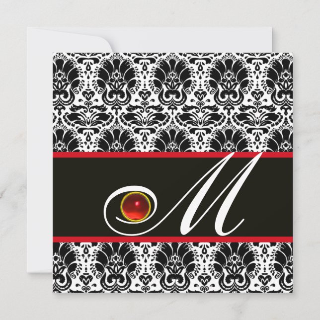 BLACK WHITE RED DAMASK MONOGRAM Ruby Invitation (Front)