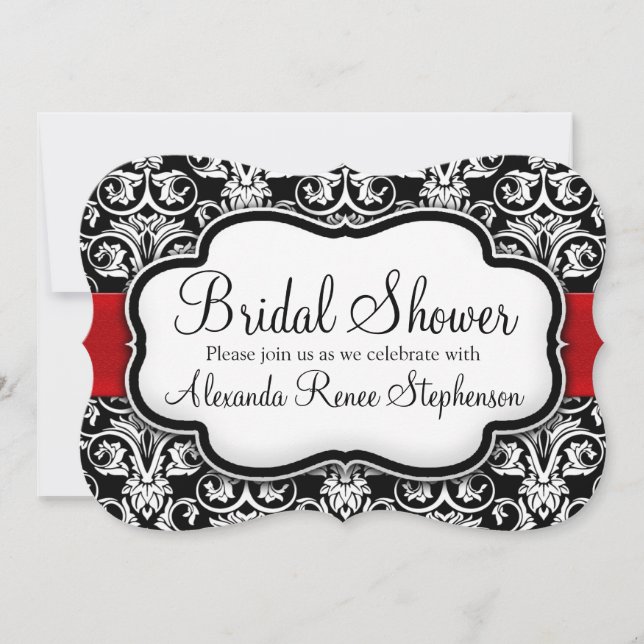 Black/White/Red Damask Round Bridal Shower Invitation (Front)