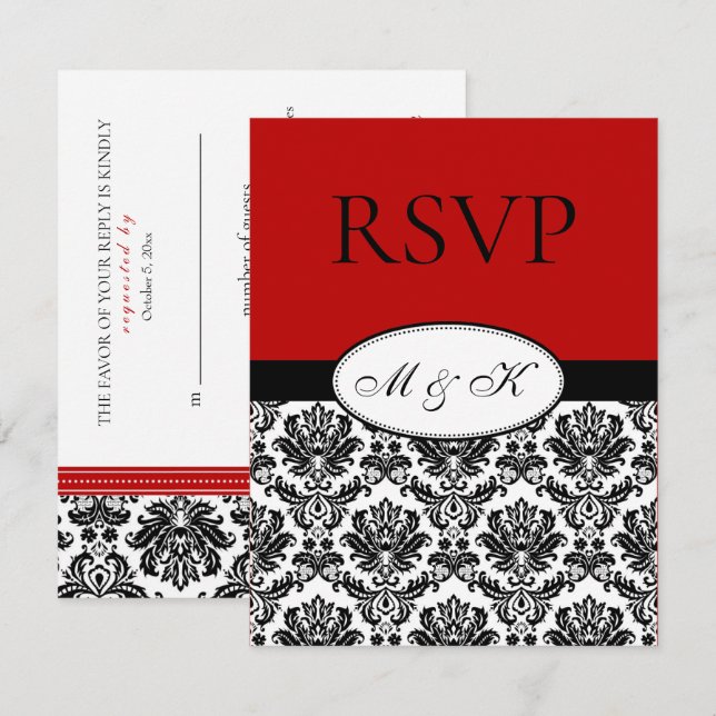 Black White Red Damask RSVP Card (Front/Back)